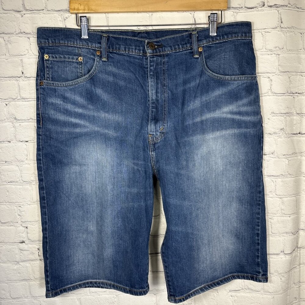 Levis 569 Jean Shorts Jorts Mens 40 Blue Dark Wash 12" Loose Fit Baggy Denim